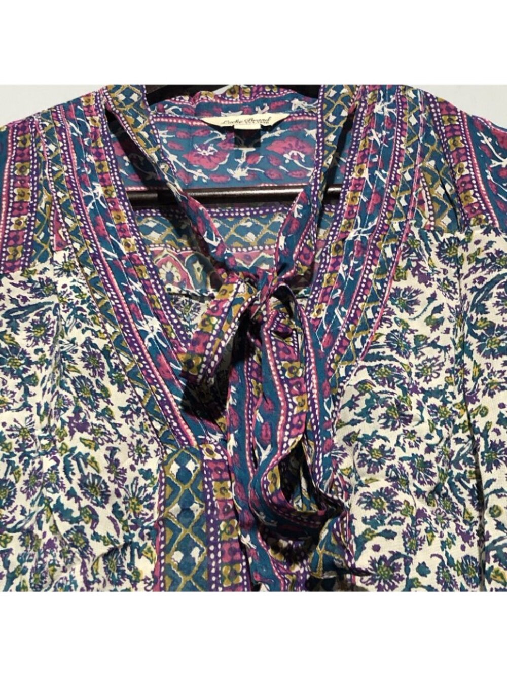 Lucky Brand Blouse Top Women Size M Purple Flower Bow Hippie Retro Boho Gypsy - Picture 5 of 12